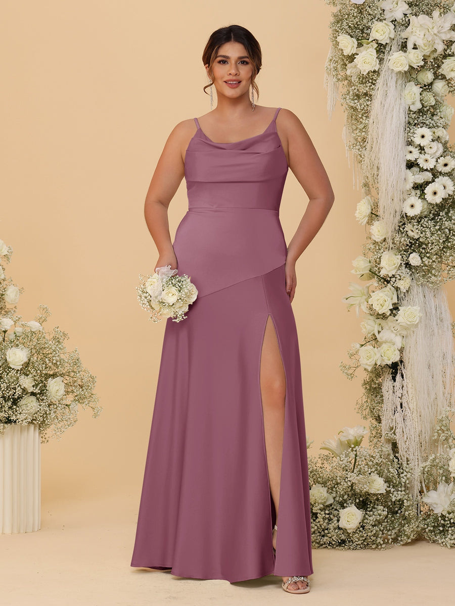 Sheath/Column Spaghetti Straps Cowl Neck Sleeveless Plus Size Bridesmaid Dresses With Split Side - 이미지 37