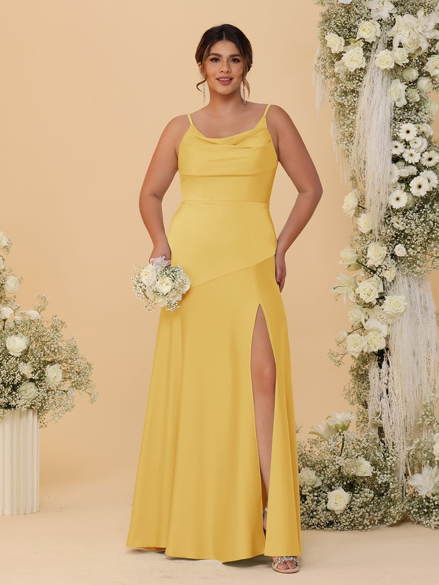 Sheath/Column Spaghetti Straps Cowl Neck Sleeveless Plus Size Bridesmaid Dresses With Split Side - 이미지 38