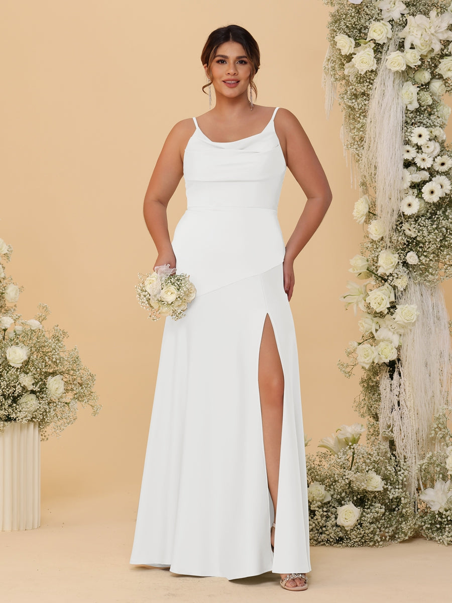 Sheath/Column Spaghetti Straps Cowl Neck Sleeveless Plus Size Bridesmaid Dresses With Split Side - 이미지 41