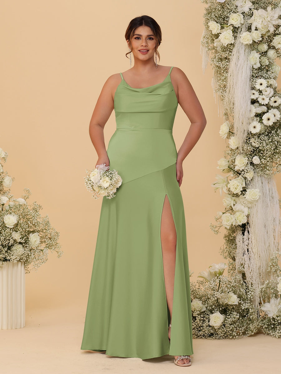 Sheath/Column Spaghetti Straps Cowl Neck Sleeveless Plus Size Bridesmaid Dresses With Split Side - 이미지 42