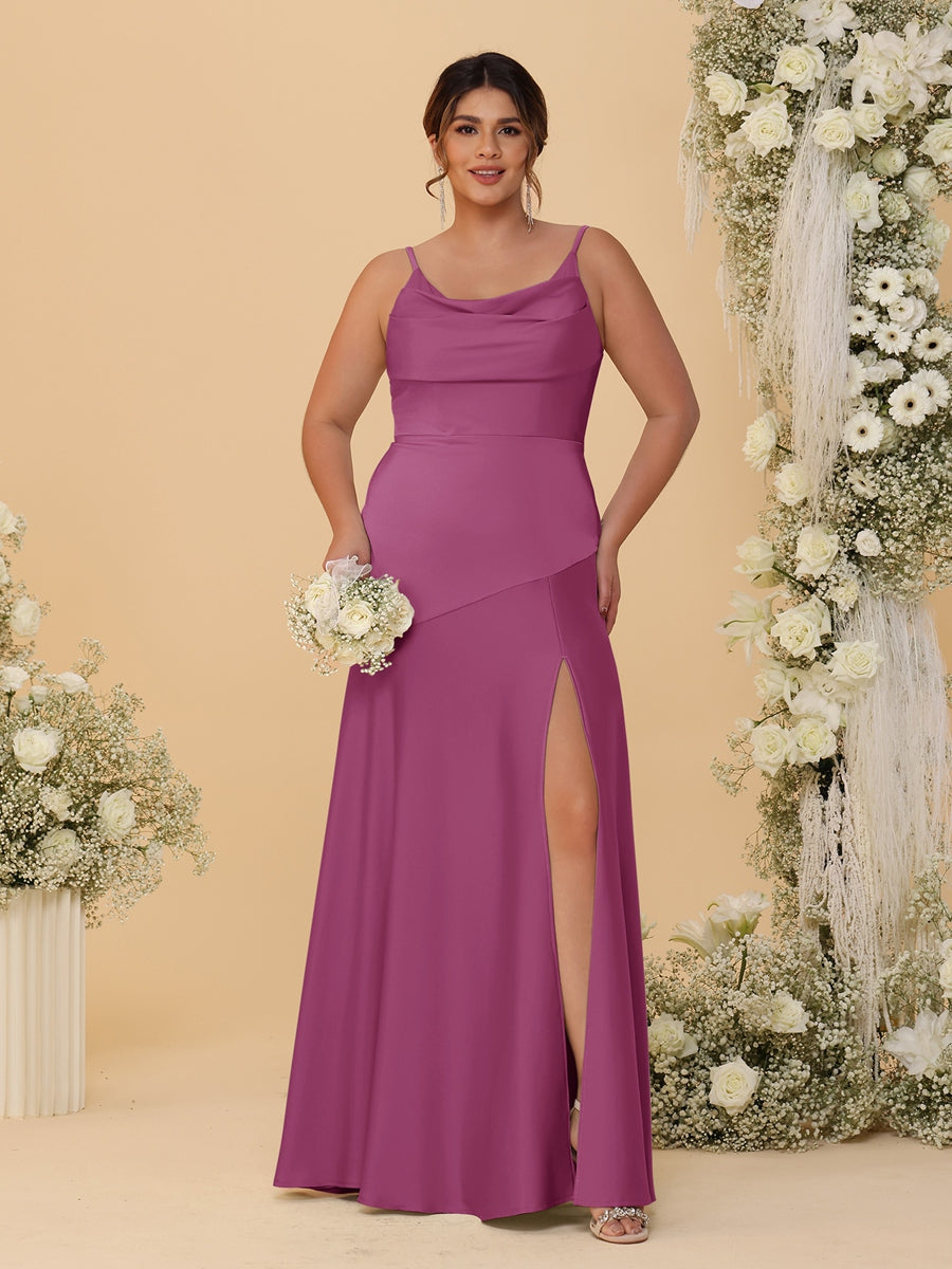 Sheath/Column Spaghetti Straps Cowl Neck Sleeveless Plus Size Bridesmaid Dresses With Split Side - 이미지 44