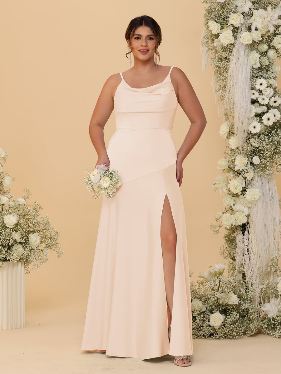 Sheath/Column Spaghetti Straps Cowl Neck Sleeveless Plus Size Bridesmaid Dresses With Split Side - 이미지 45