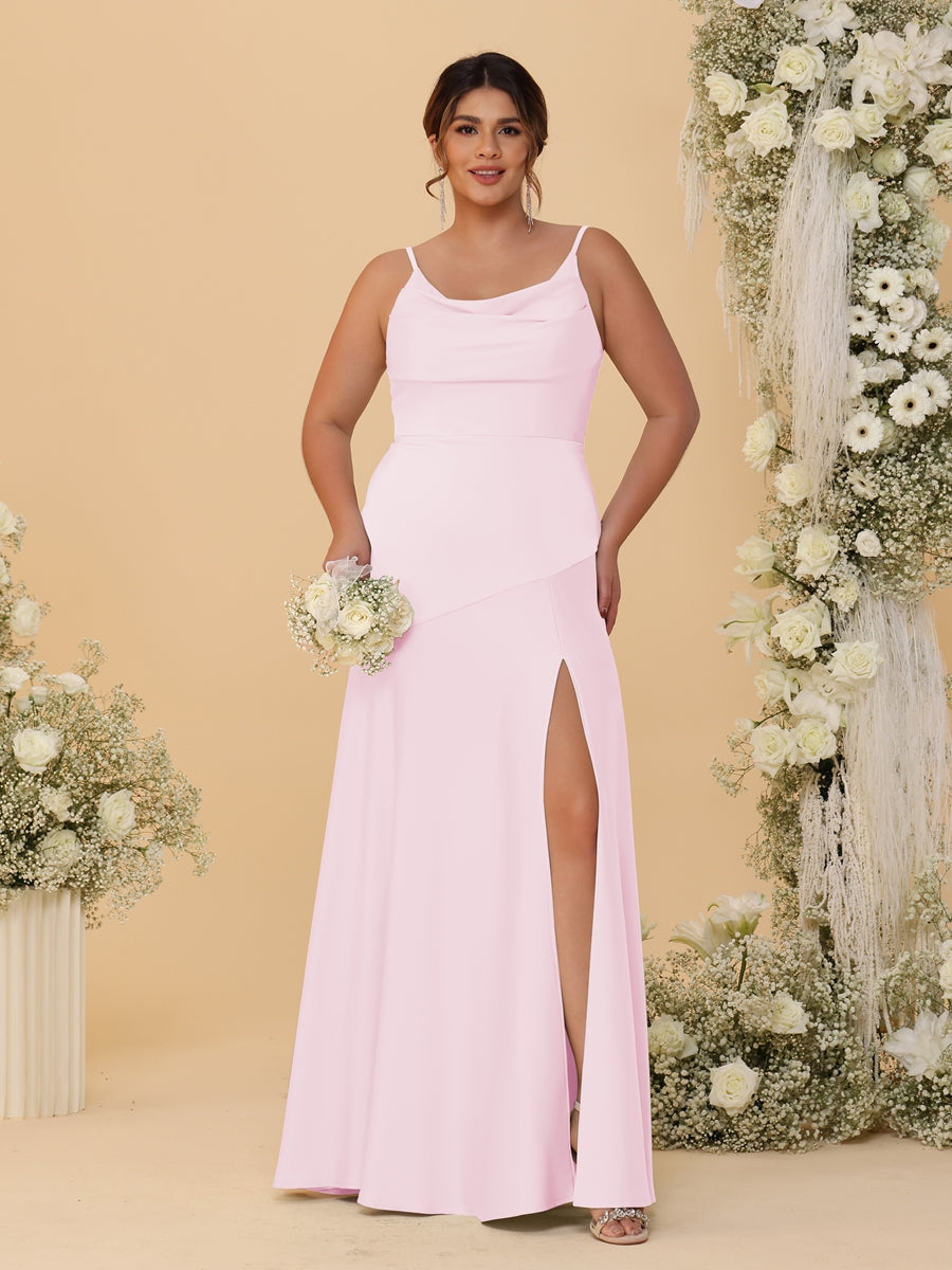 Sheath/Column Spaghetti Straps Cowl Neck Sleeveless Plus Size Bridesmaid Dresses With Split Side - 이미지 47