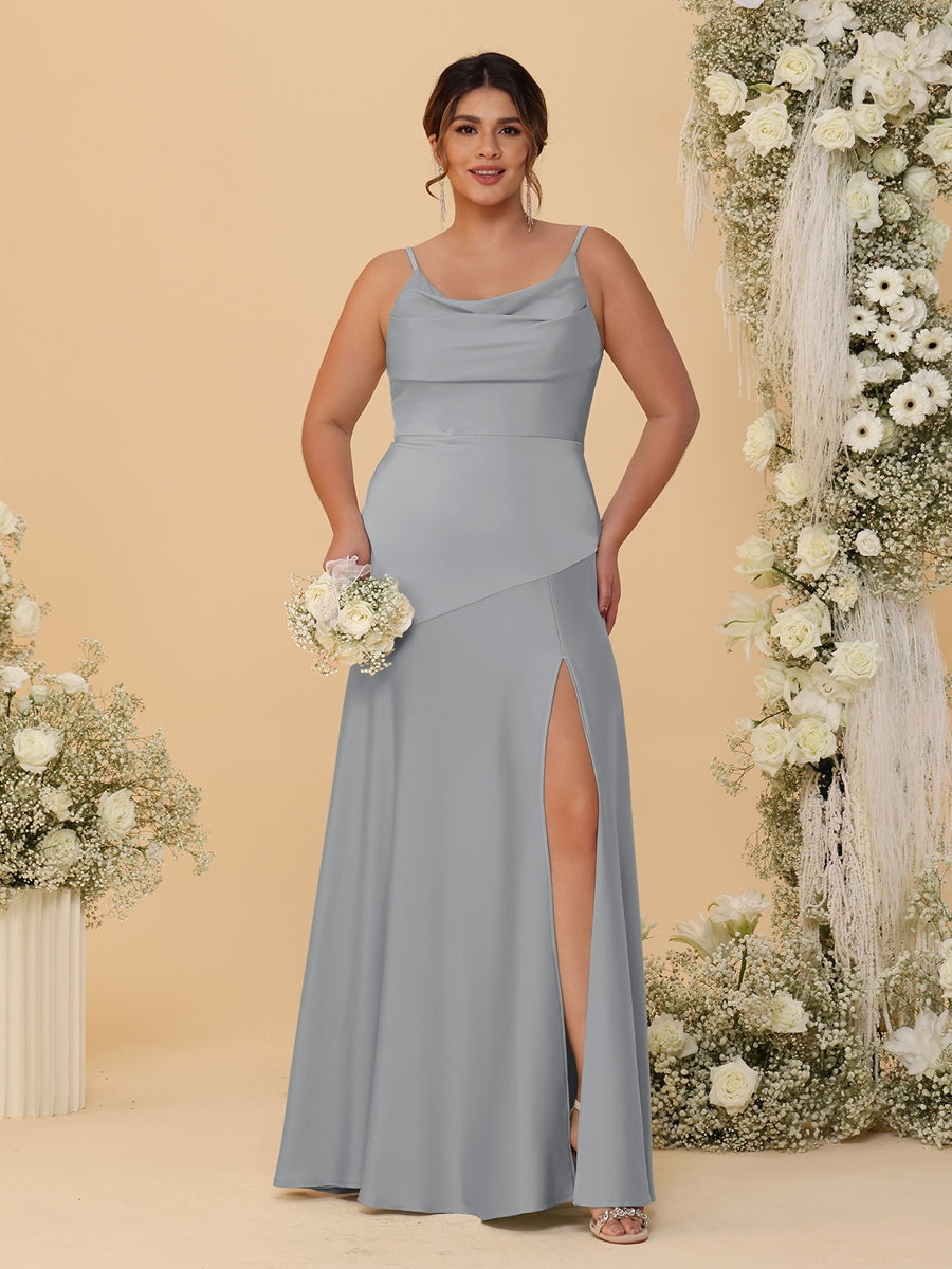 Sheath/Column Spaghetti Straps Cowl Neck Sleeveless Plus Size Bridesmaid Dresses With Split Side - 이미지 56