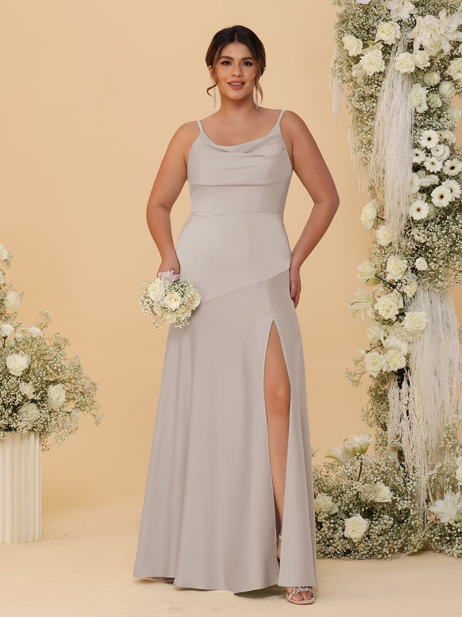 Sheath/Column Spaghetti Straps Cowl Neck Sleeveless Plus Size Bridesmaid Dresses With Split Side - 이미지 59