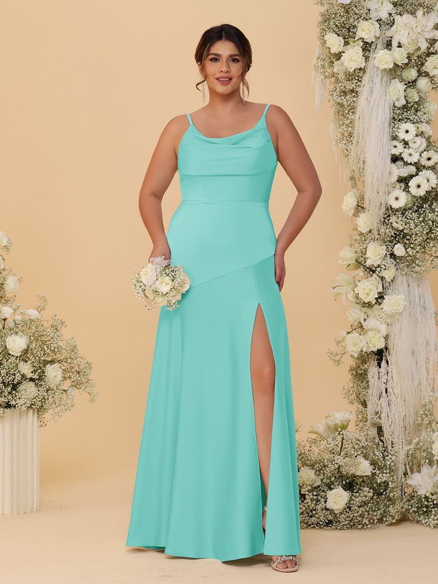 Sheath/Column Spaghetti Straps Cowl Neck Sleeveless Plus Size Bridesmaid Dresses With Split Side - 이미지 61