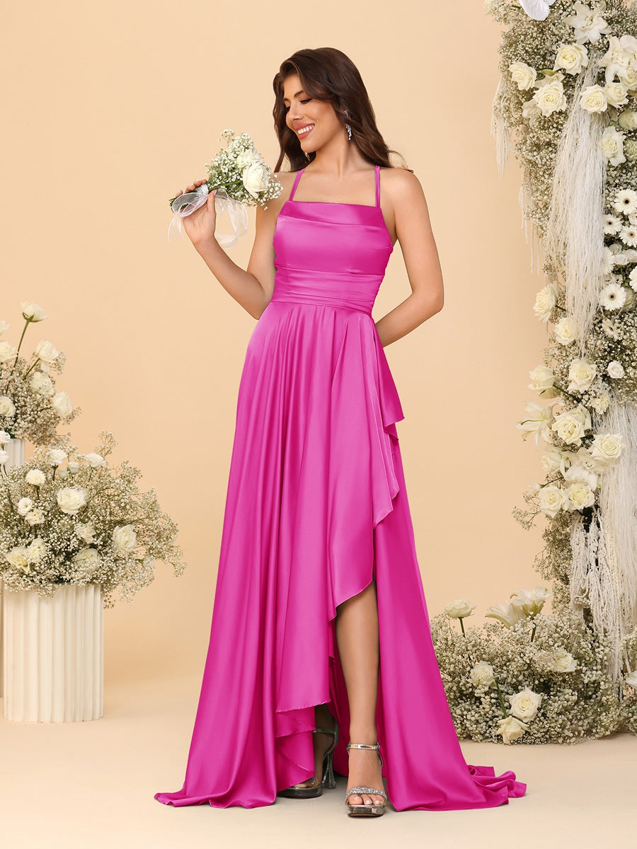 A-Line/Princess Spaghetti Straps Sleeveless Sweep Train Bridesmaid Dresses With Split Side - 画像 (59)