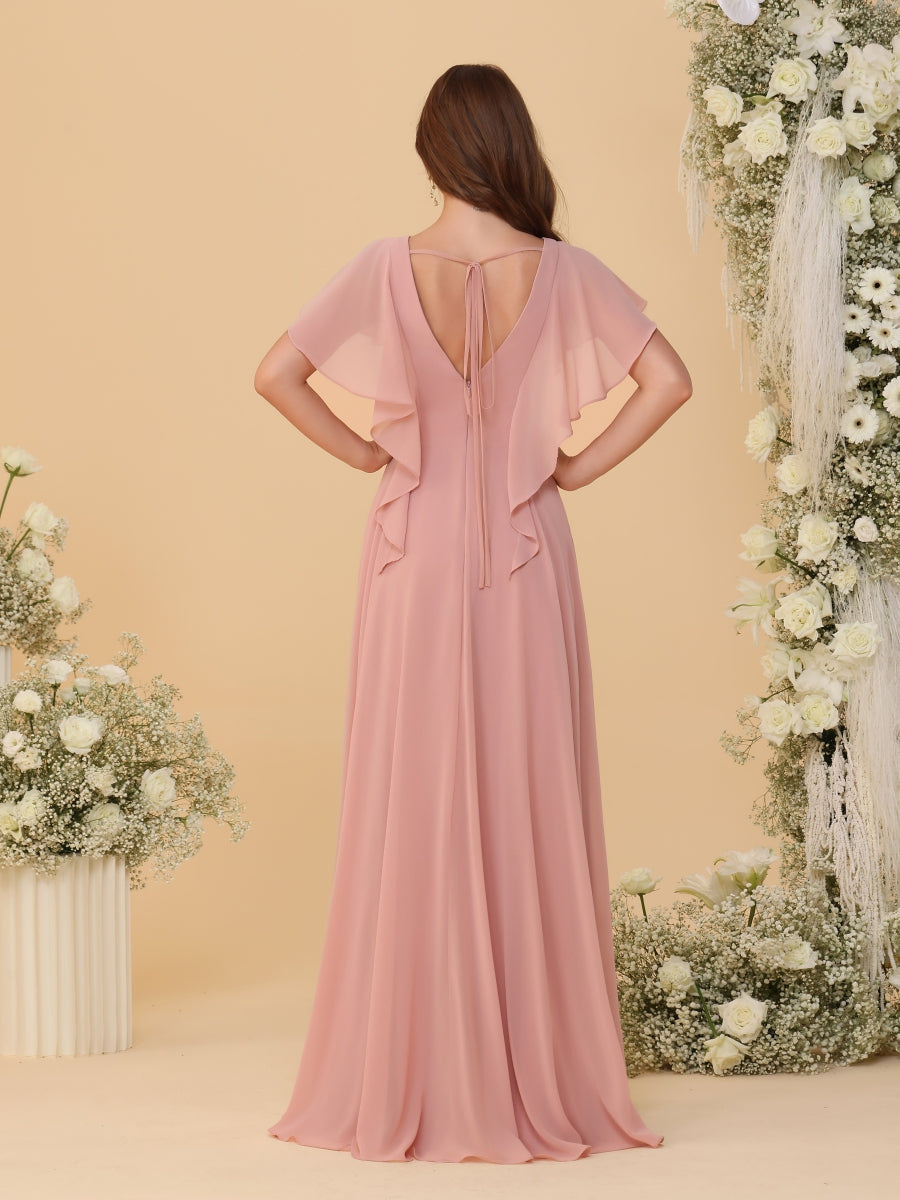 A-Line/Princess V-Neck Short Sleeves Floor-Length Ruched Bridesmaid Dresses With Side Slit - 画像 (2)