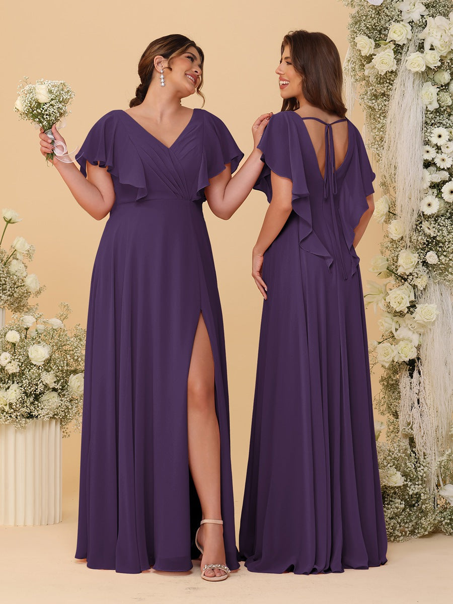 A-Line/Princess V-Neck Short Sleeves Floor-Length Ruched Bridesmaid Dresses With Side Slit - 画像 (53)