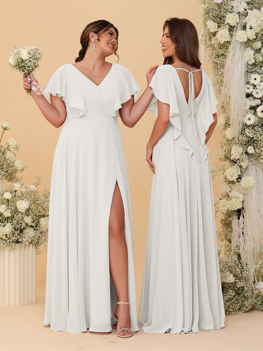 A-Line/Princess V-Neck Short Sleeves Floor-Length Ruched Bridesmaid Dresses With Side Slit - 画像 (56)