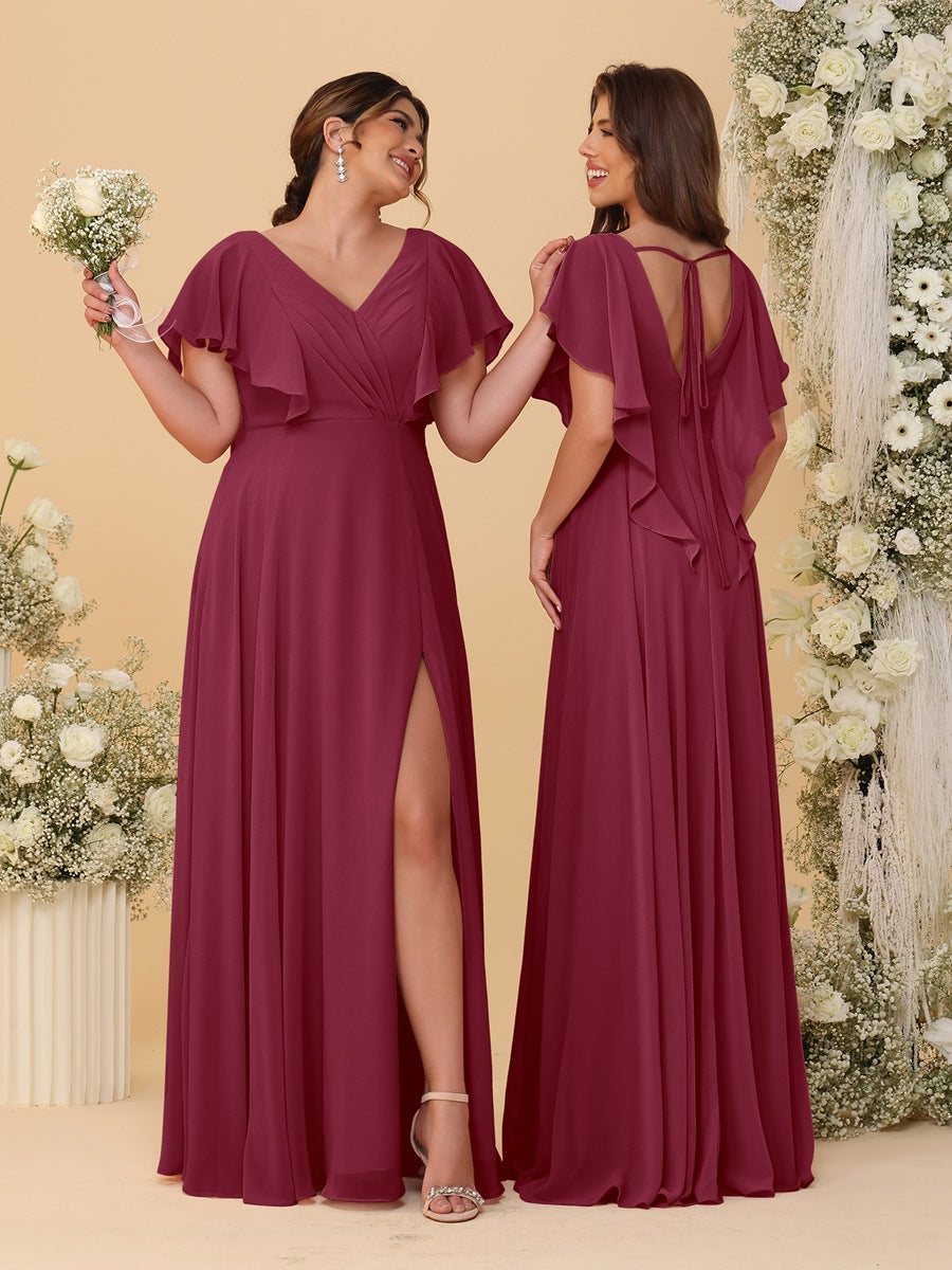 A-Line/Princess V-Neck Short Sleeves Floor-Length Ruched Bridesmaid Dresses With Side Slit - 画像 (17)