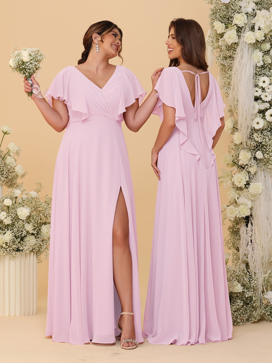 A-Line/Princess V-Neck Short Sleeves Floor-Length Ruched Bridesmaid Dresses With Side Slit - 画像 (51)