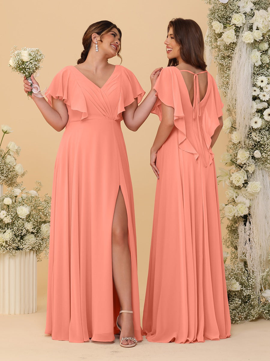 A-Line/Princess V-Neck Short Sleeves Floor-Length Ruched Bridesmaid Dresses With Side Slit - 画像 (61)