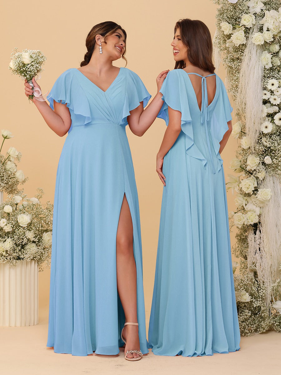 A-Line/Princess V-Neck Short Sleeves Floor-Length Ruched Bridesmaid Dresses With Side Slit - 画像 (47)