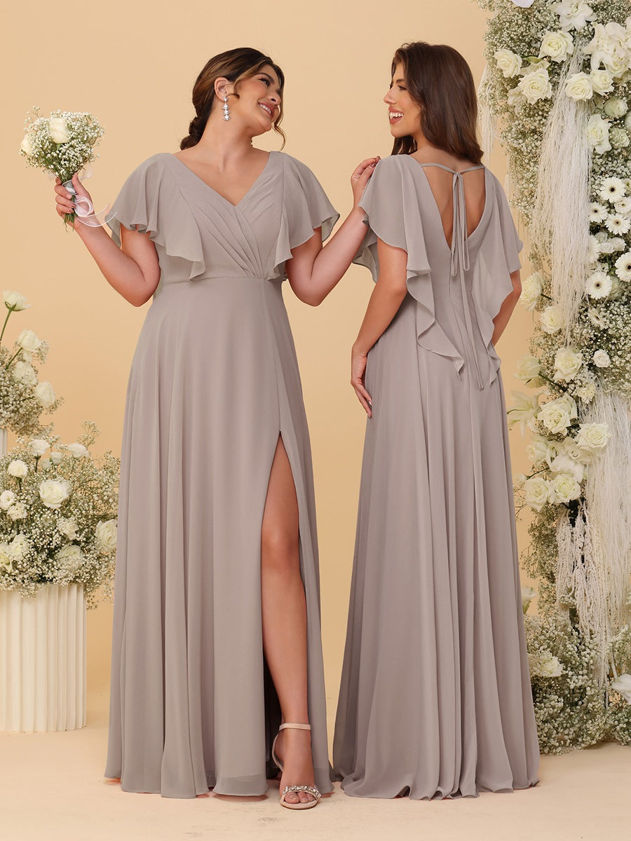 A-Line/Princess V-Neck Short Sleeves Floor-Length Ruched Bridesmaid Dresses With Side Slit - 画像 (37)