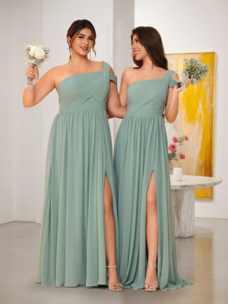 A-Line/Princess One-Shoulder Sleeveless Floor-Length Ruched Bridesmaid Dresses With Side Slit