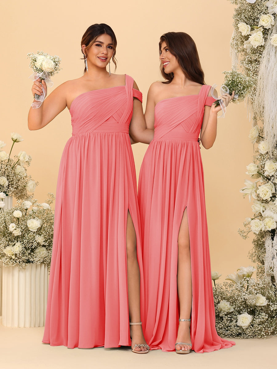 A-Line/Princess One-Shoulder Sleeveless Floor-Length Ruched Bridesmaid Dresses With Side Slit - 画像 (15)