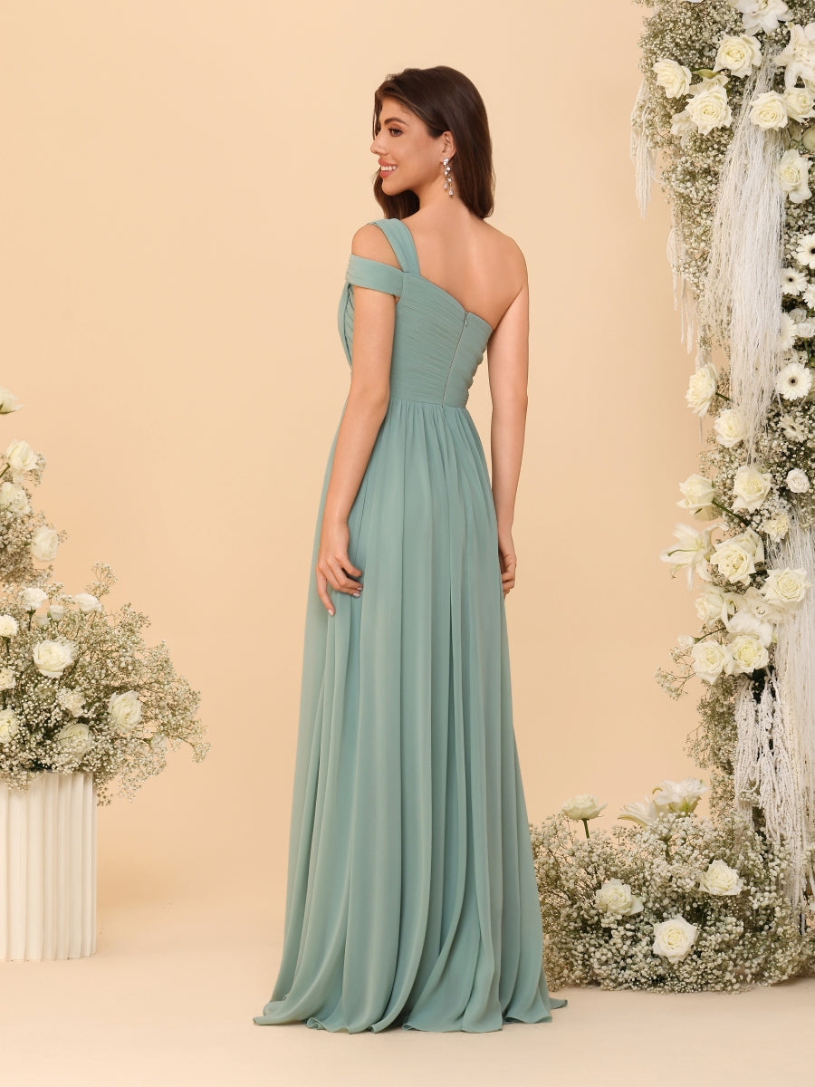 A-Line/Princess One-Shoulder Sleeveless Floor-Length Ruched Plus Size Bridesmaid Dresses With Side Slit - 이미지 2