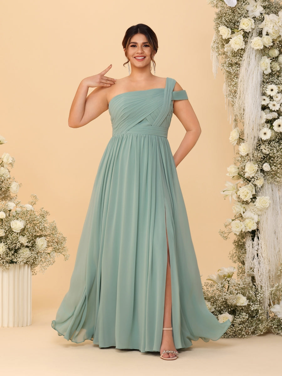 A-Line/Princess One-Shoulder Sleeveless Floor-Length Ruched Plus Size Bridesmaid Dresses With Side Slit - 이미지 3