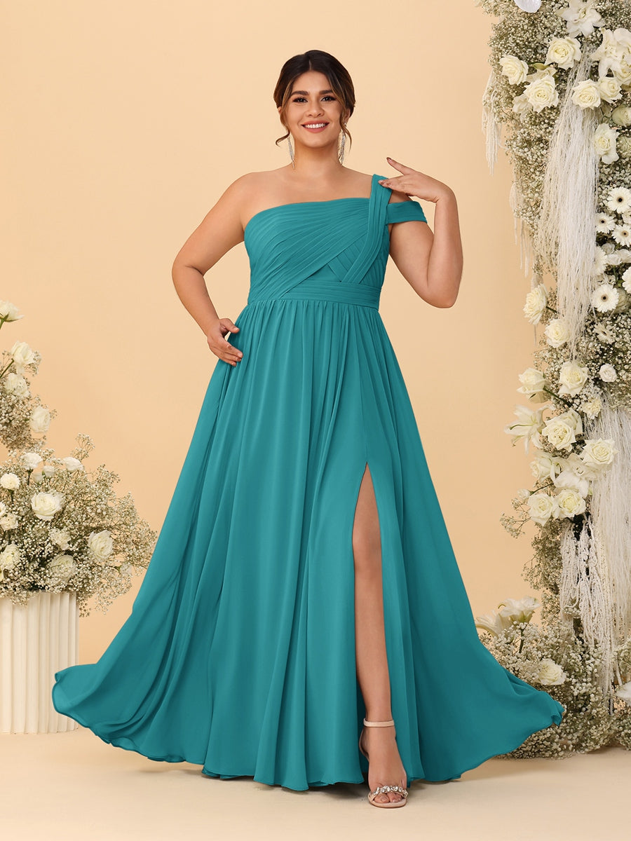 A-Line/Princess One-Shoulder Sleeveless Floor-Length Ruched Plus Size Bridesmaid Dresses With Side Slit - 이미지 35