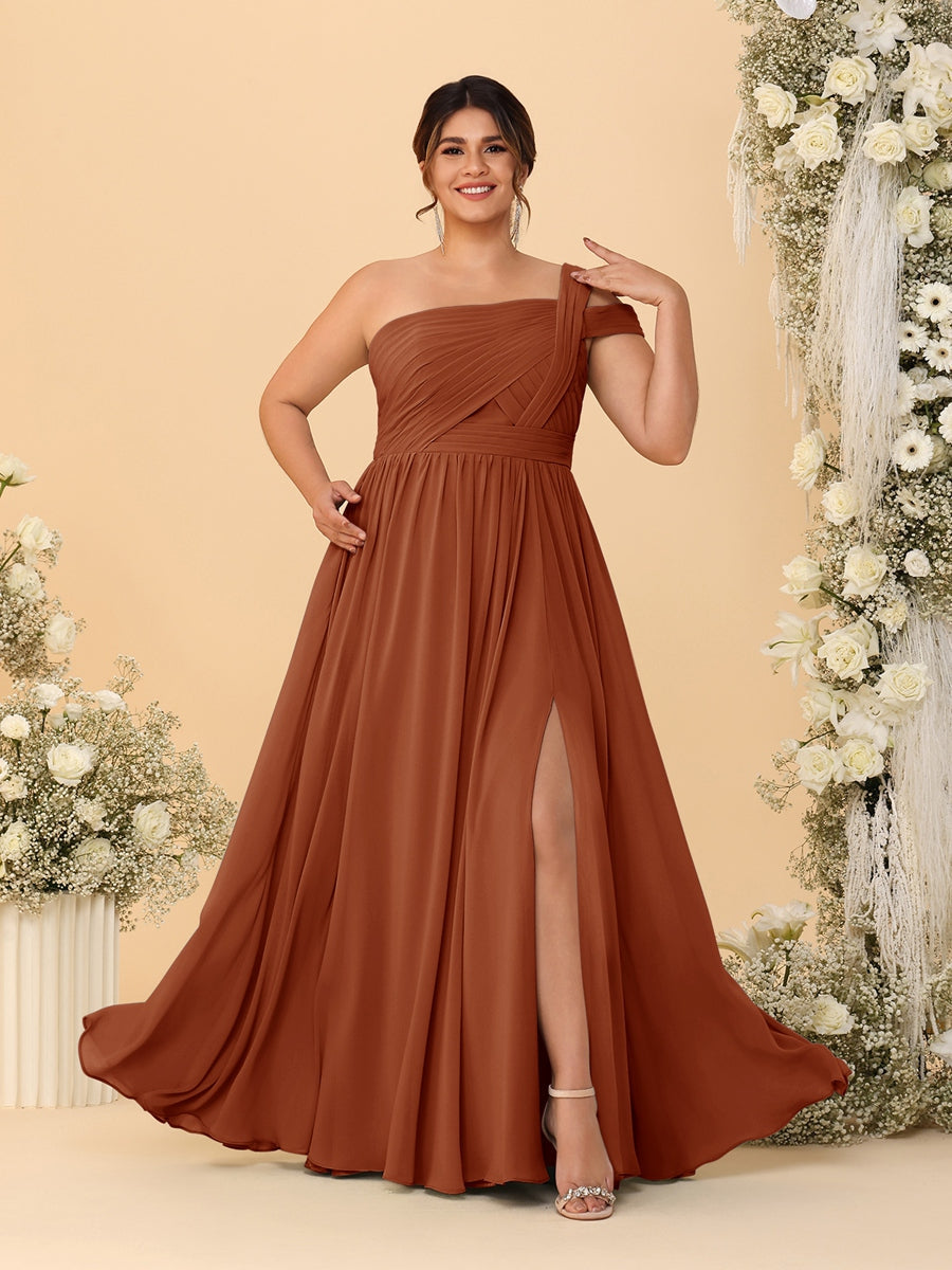 A-Line/Princess One-Shoulder Sleeveless Floor-Length Ruched Plus Size Bridesmaid Dresses With Side Slit - 이미지 38