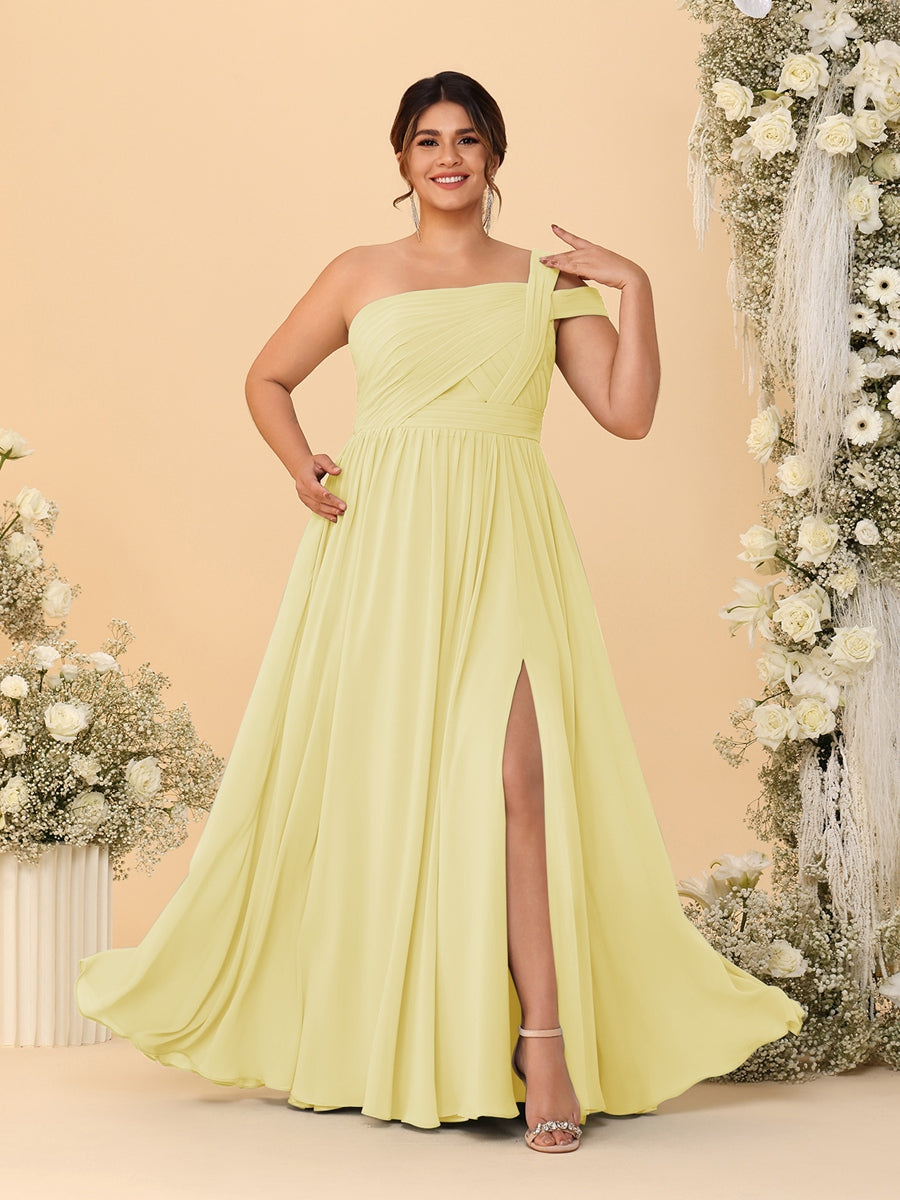 A-Line/Princess One-Shoulder Sleeveless Floor-Length Ruched Plus Size Bridesmaid Dresses With Side Slit - 이미지 8
