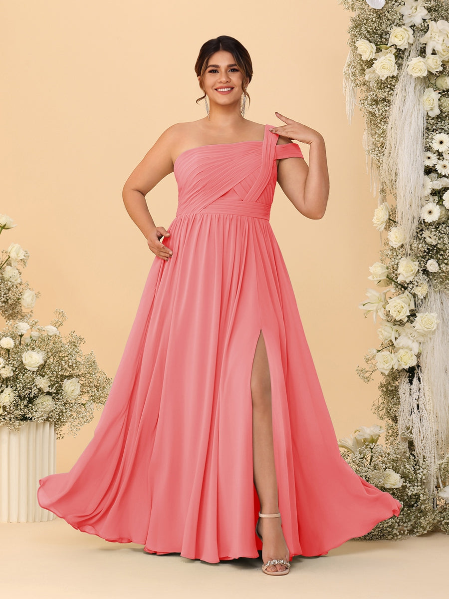 A-Line/Princess One-Shoulder Sleeveless Floor-Length Ruched Plus Size Bridesmaid Dresses With Side Slit - 이미지 39