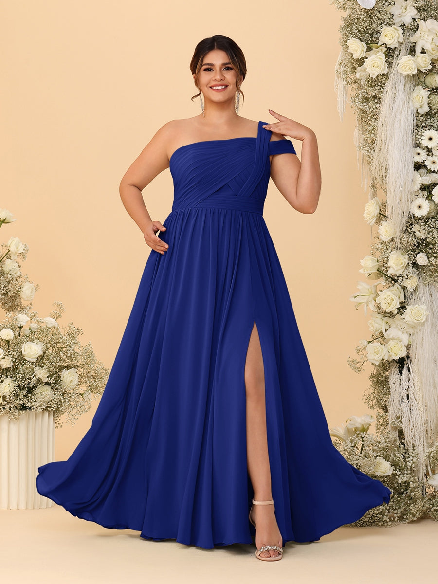 A-Line/Princess One-Shoulder Sleeveless Floor-Length Ruched Plus Size Bridesmaid Dresses With Side Slit - 이미지 10