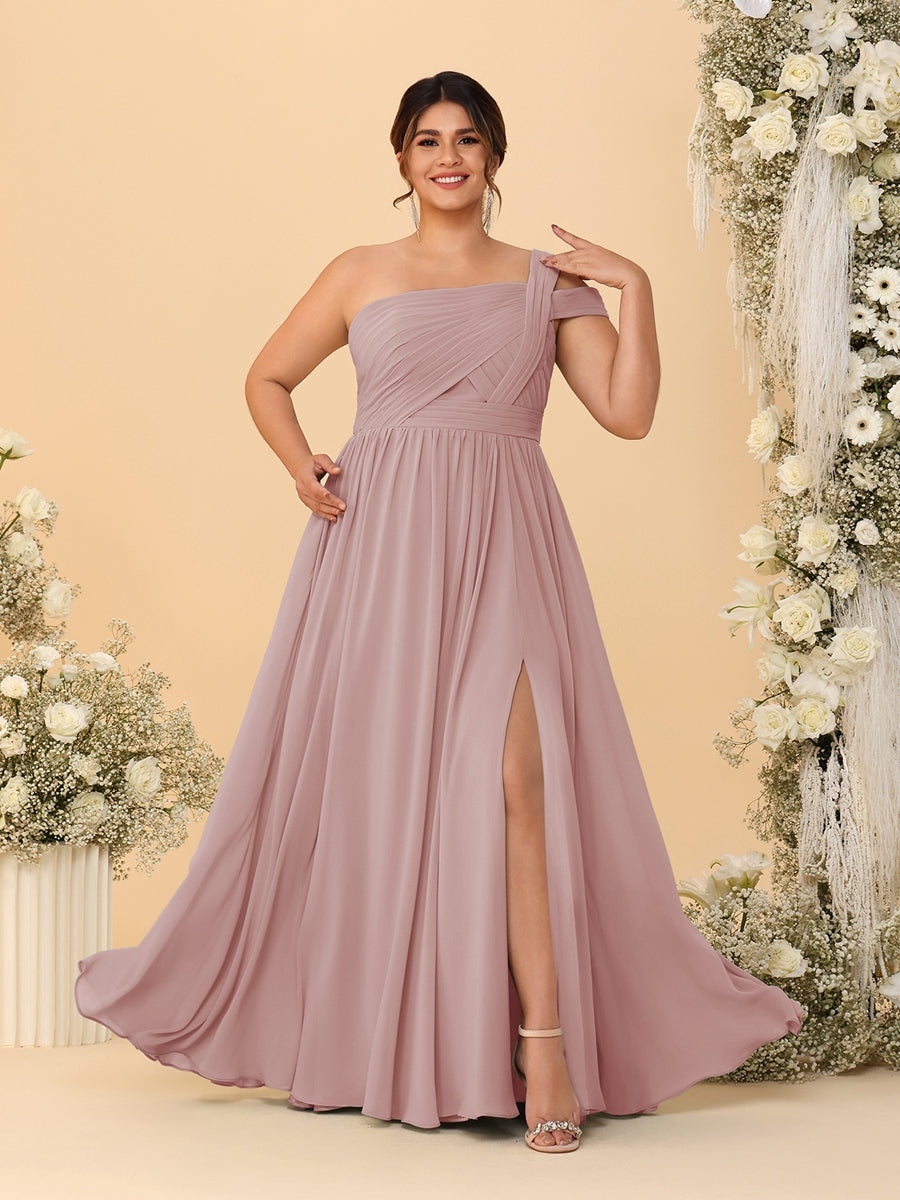 A-Line/Princess One-Shoulder Sleeveless Floor-Length Ruched Plus Size Bridesmaid Dresses With Side Slit - 이미지 11