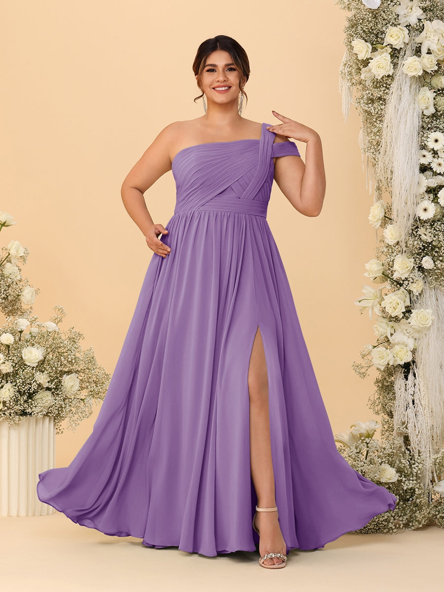 A-Line/Princess One-Shoulder Sleeveless Floor-Length Ruched Plus Size Bridesmaid Dresses With Side Slit - 이미지 42