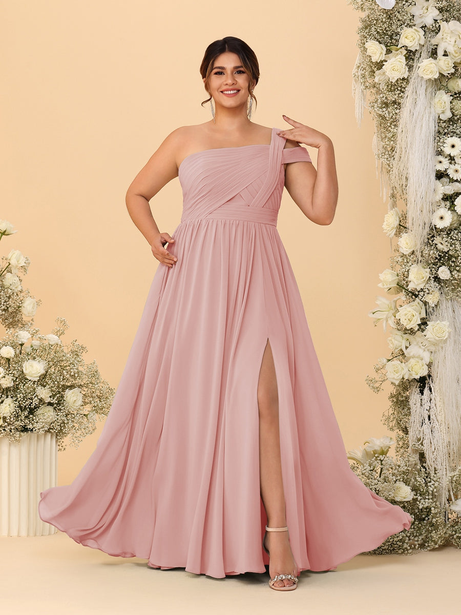 A-Line/Princess One-Shoulder Sleeveless Floor-Length Ruched Plus Size Bridesmaid Dresses With Side Slit - 이미지 43