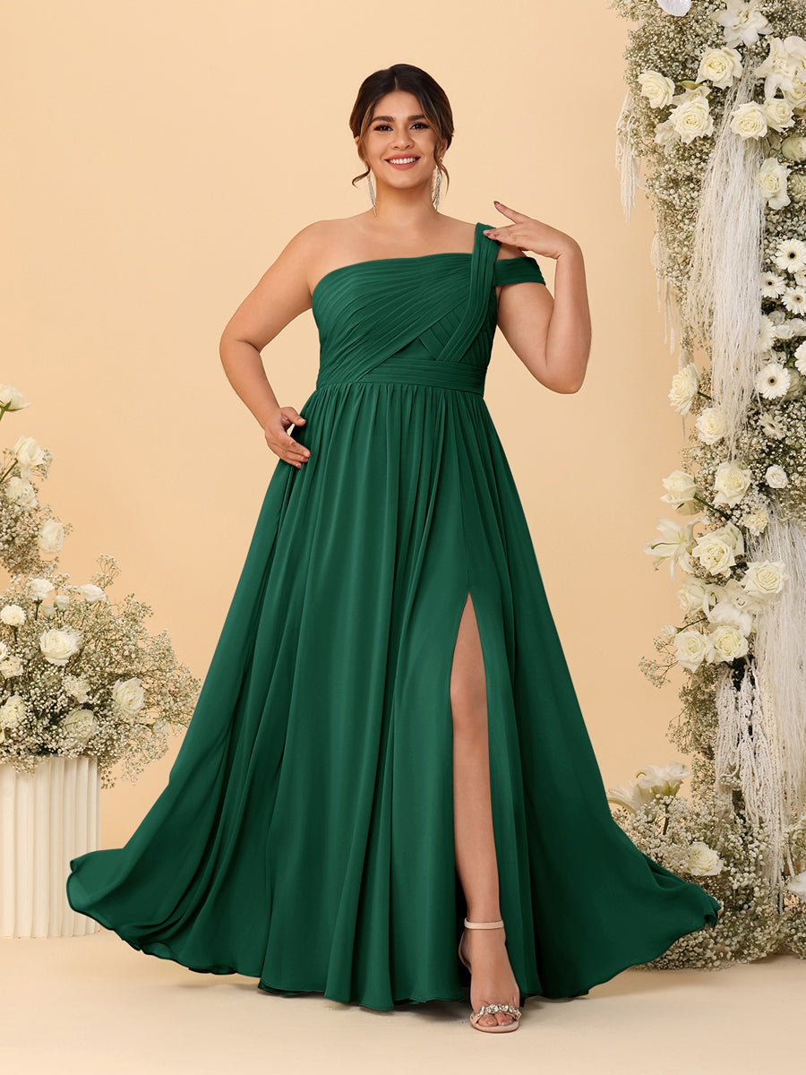 A-Line/Princess One-Shoulder Sleeveless Floor-Length Ruched Plus Size Bridesmaid Dresses With Side Slit - 이미지 44