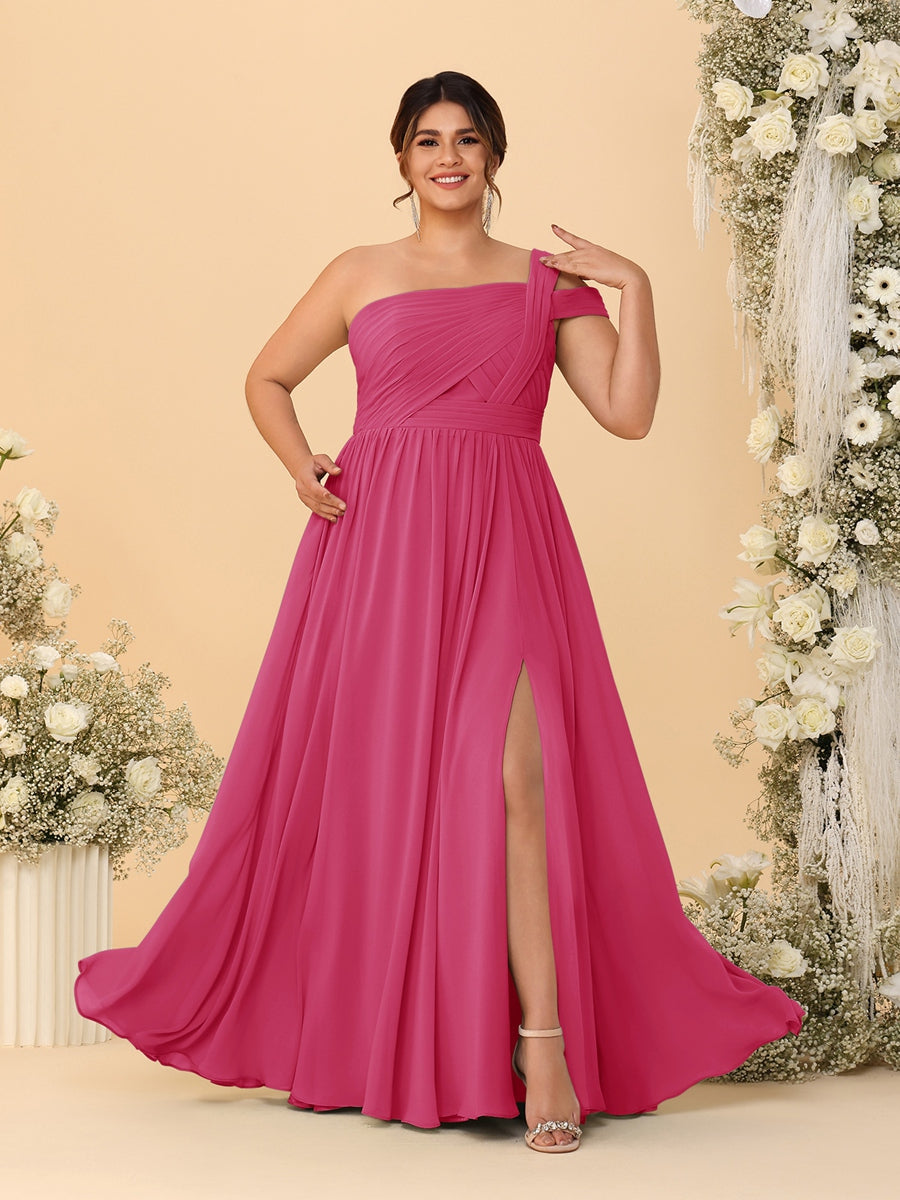 A-Line/Princess One-Shoulder Sleeveless Floor-Length Ruched Plus Size Bridesmaid Dresses With Side Slit - 이미지 45