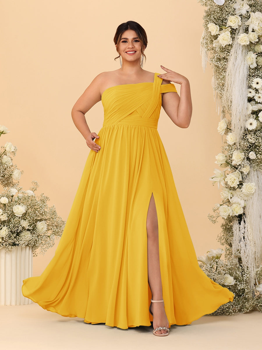 A-Line/Princess One-Shoulder Sleeveless Floor-Length Ruched Plus Size Bridesmaid Dresses With Side Slit - 이미지 15