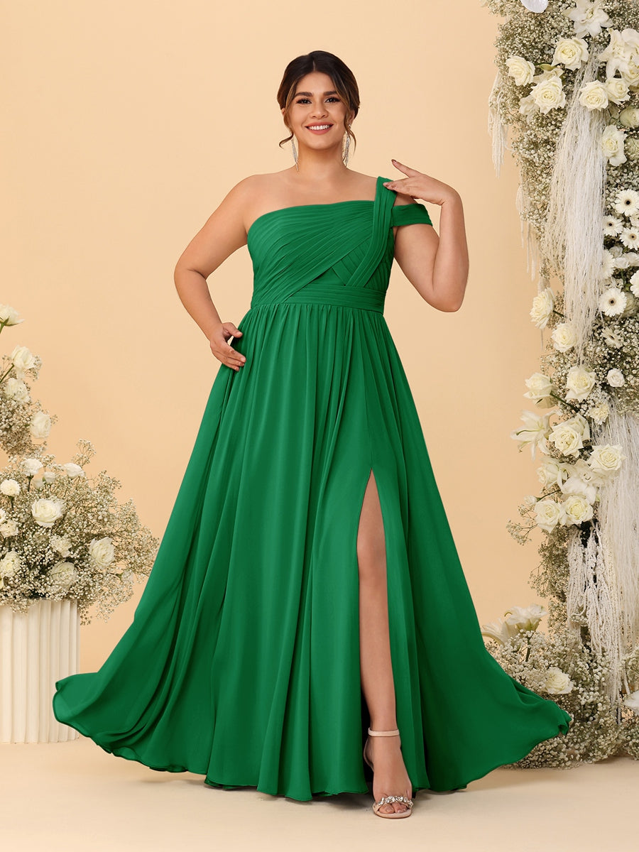 A-Line/Princess One-Shoulder Sleeveless Floor-Length Ruched Plus Size Bridesmaid Dresses With Side Slit - 이미지 47