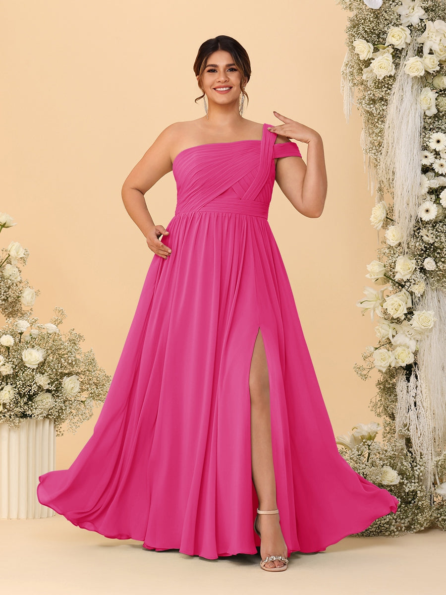 A-Line/Princess One-Shoulder Sleeveless Floor-Length Ruched Plus Size Bridesmaid Dresses With Side Slit - 이미지 48