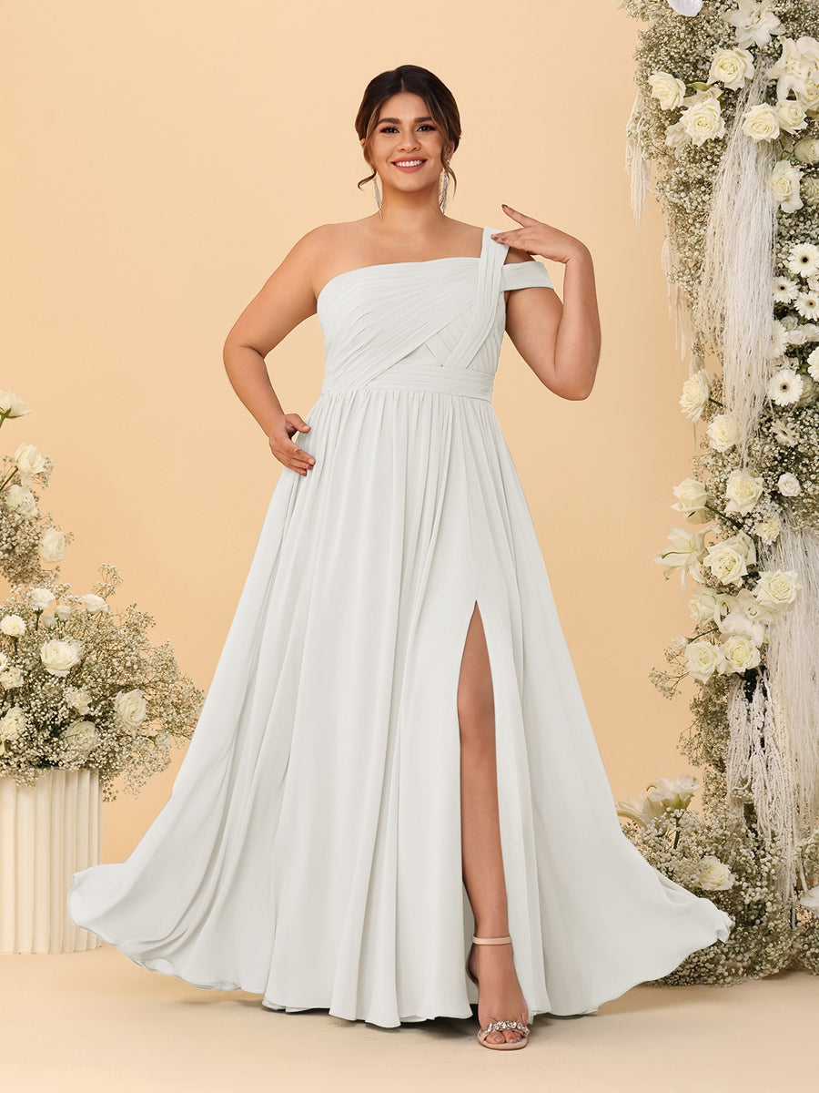 A-Line/Princess One-Shoulder Sleeveless Floor-Length Ruched Plus Size Bridesmaid Dresses With Side Slit - 이미지 17