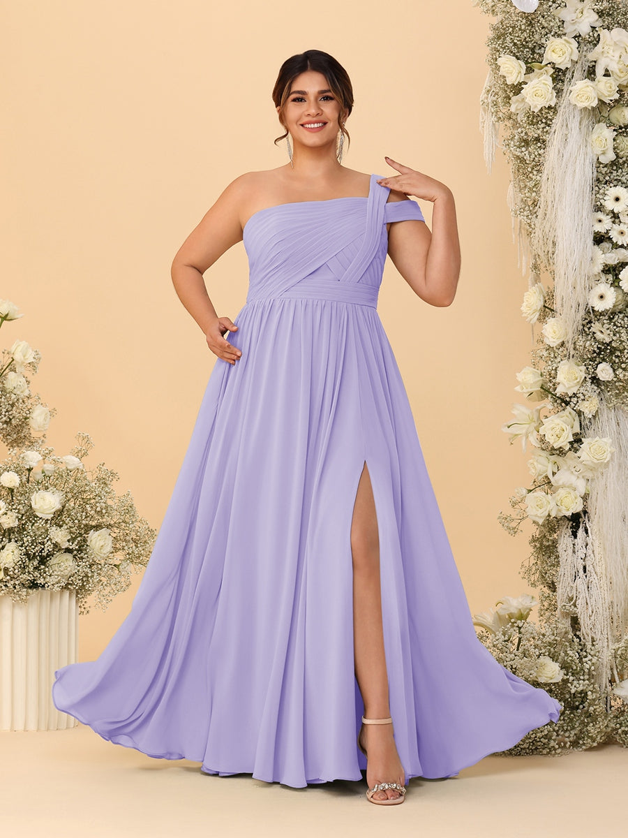A-Line/Princess One-Shoulder Sleeveless Floor-Length Ruched Plus Size Bridesmaid Dresses With Side Slit - 이미지 53