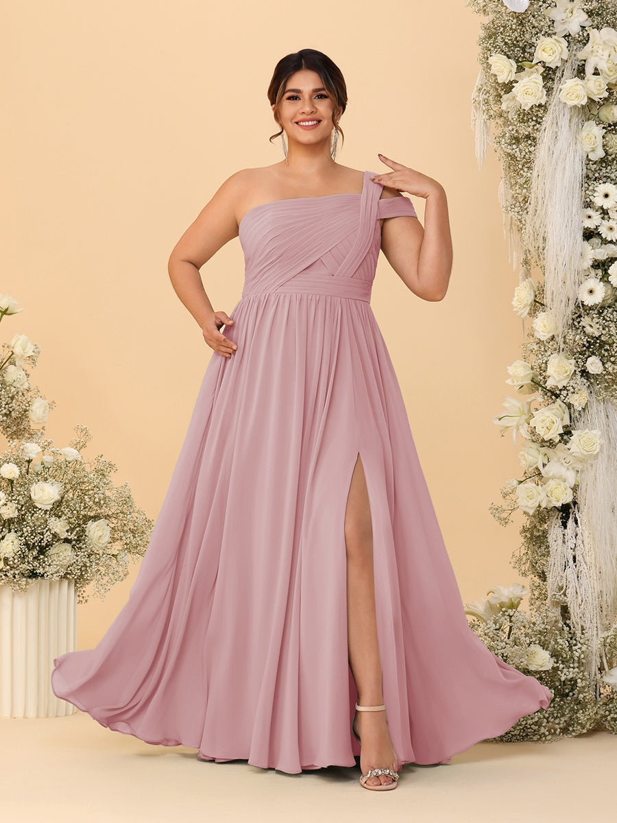A-Line/Princess One-Shoulder Sleeveless Floor-Length Ruched Plus Size Bridesmaid Dresses With Side Slit - 이미지 54