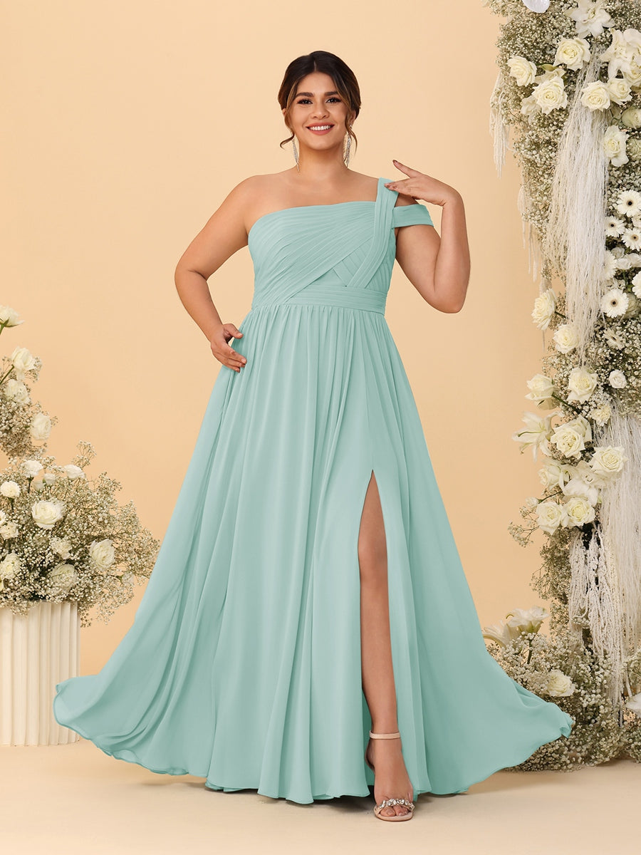 A-Line/Princess One-Shoulder Sleeveless Floor-Length Ruched Plus Size Bridesmaid Dresses With Side Slit - 이미지 23
