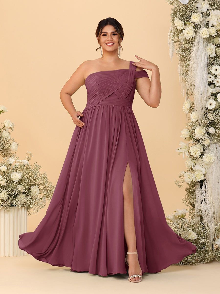 A-Line/Princess One-Shoulder Sleeveless Floor-Length Ruched Plus Size Bridesmaid Dresses With Side Slit - 이미지 55