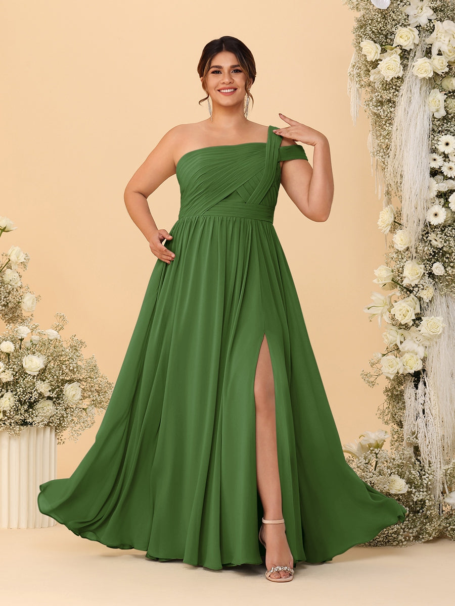 A-Line/Princess One-Shoulder Sleeveless Floor-Length Ruched Plus Size Bridesmaid Dresses With Side Slit - 이미지 24