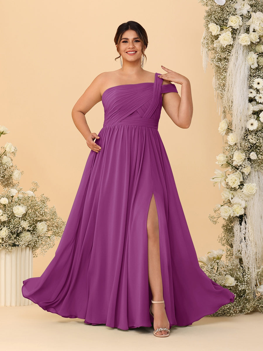 A-Line/Princess One-Shoulder Sleeveless Floor-Length Ruched Plus Size Bridesmaid Dresses With Side Slit - 이미지 61
