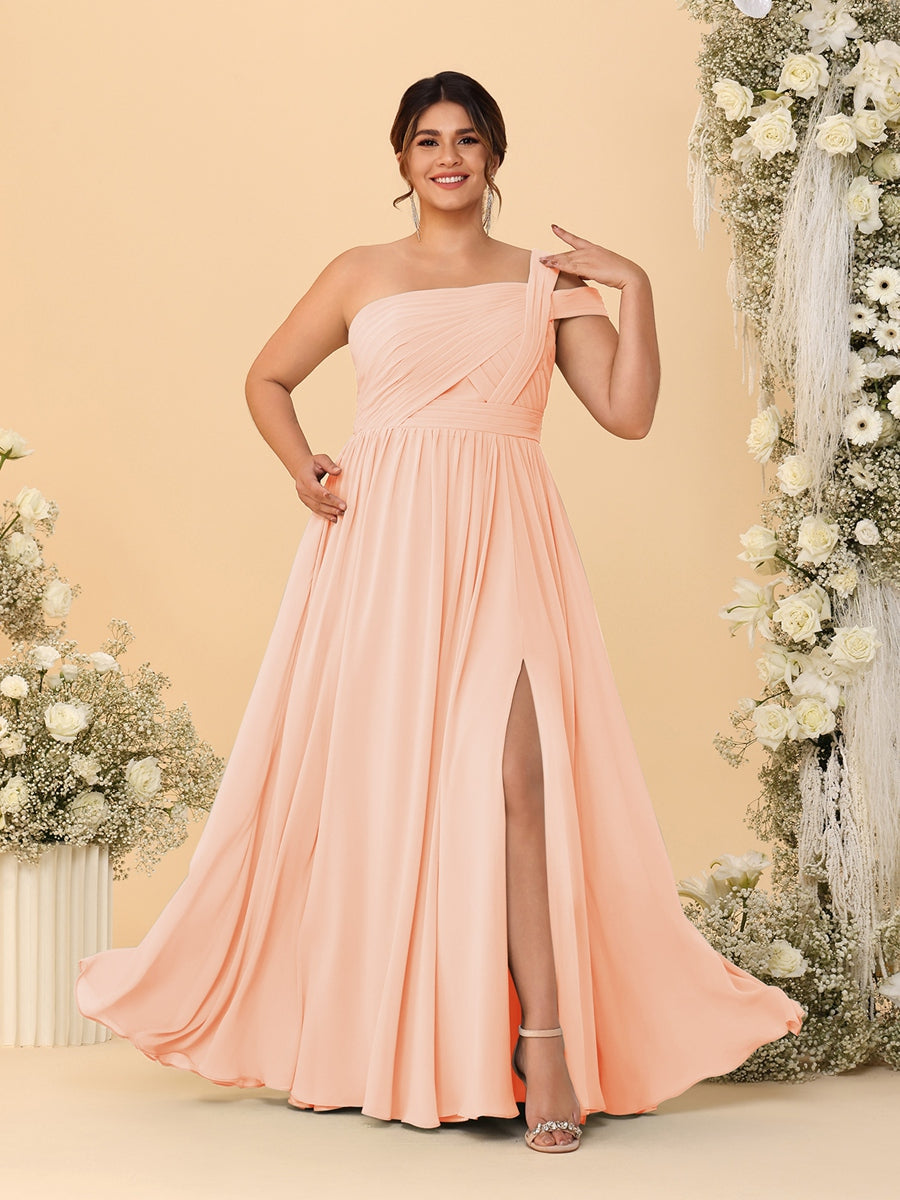 A-Line/Princess One-Shoulder Sleeveless Floor-Length Ruched Plus Size Bridesmaid Dresses With Side Slit - 이미지 25