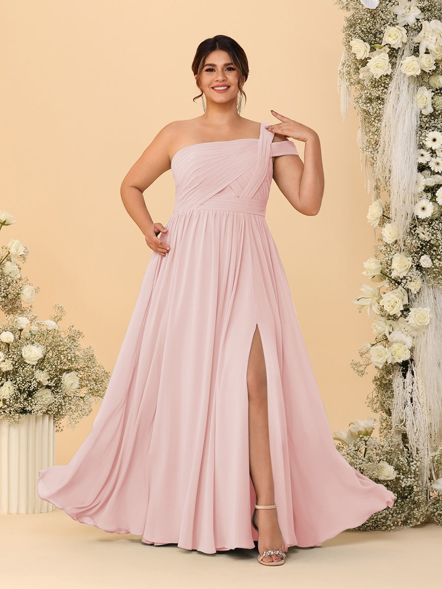 A-Line/Princess One-Shoulder Sleeveless Floor-Length Ruched Plus Size Bridesmaid Dresses With Side Slit - 이미지 63