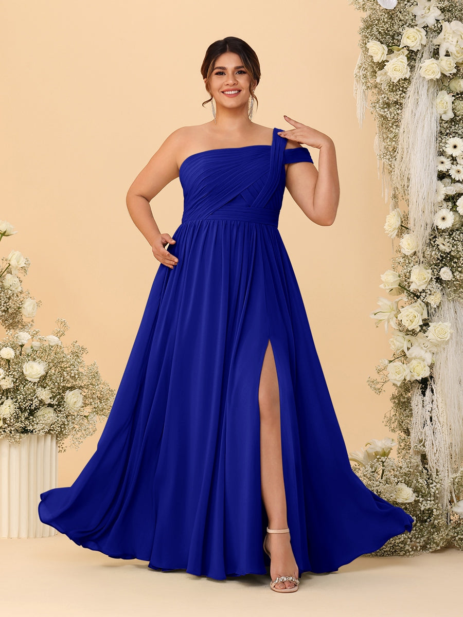 A-Line/Princess One-Shoulder Sleeveless Floor-Length Ruched Plus Size Bridesmaid Dresses With Side Slit - 이미지 65