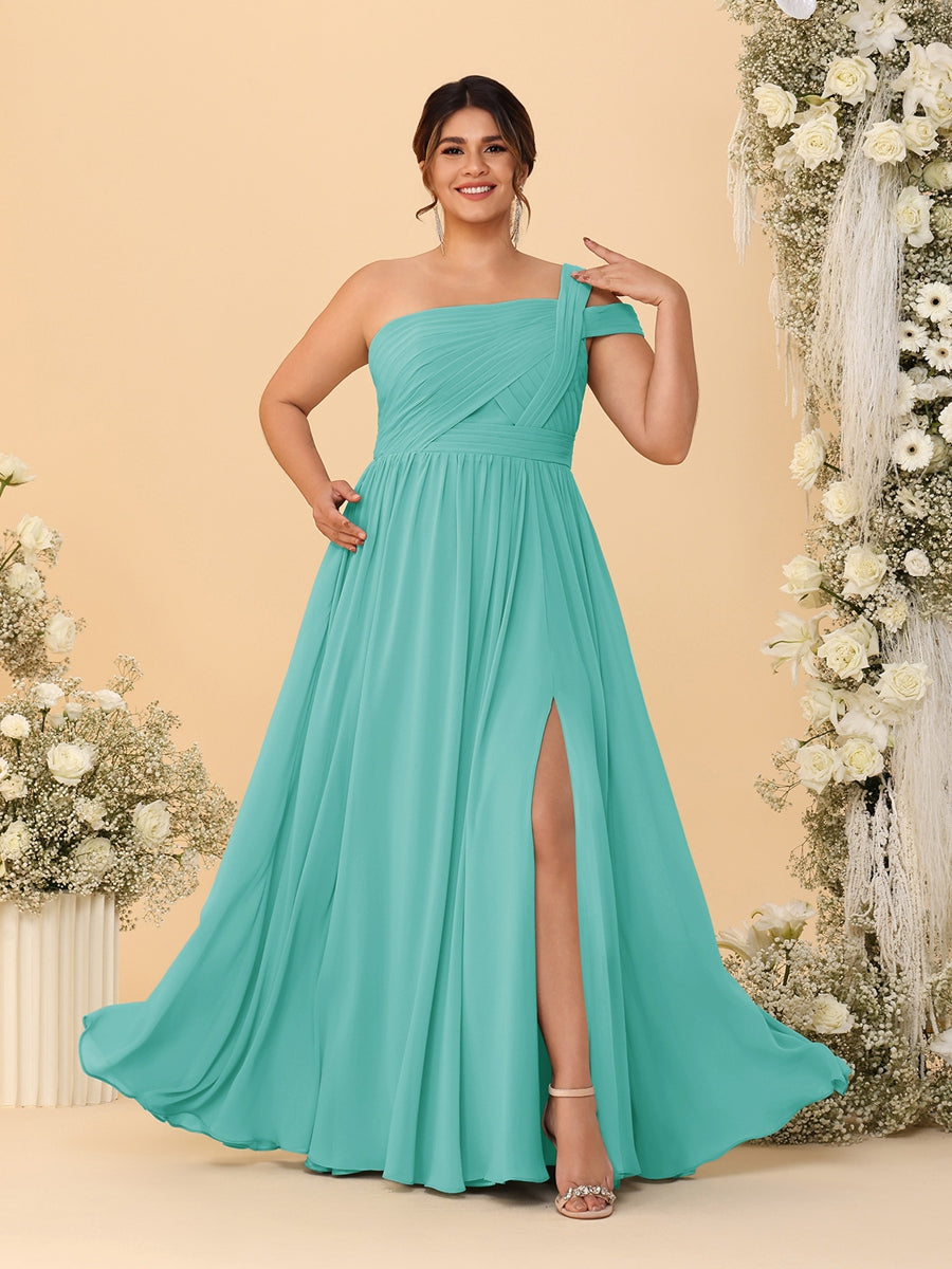 A-Line/Princess One-Shoulder Sleeveless Floor-Length Ruched Plus Size Bridesmaid Dresses With Side Slit - 이미지 30