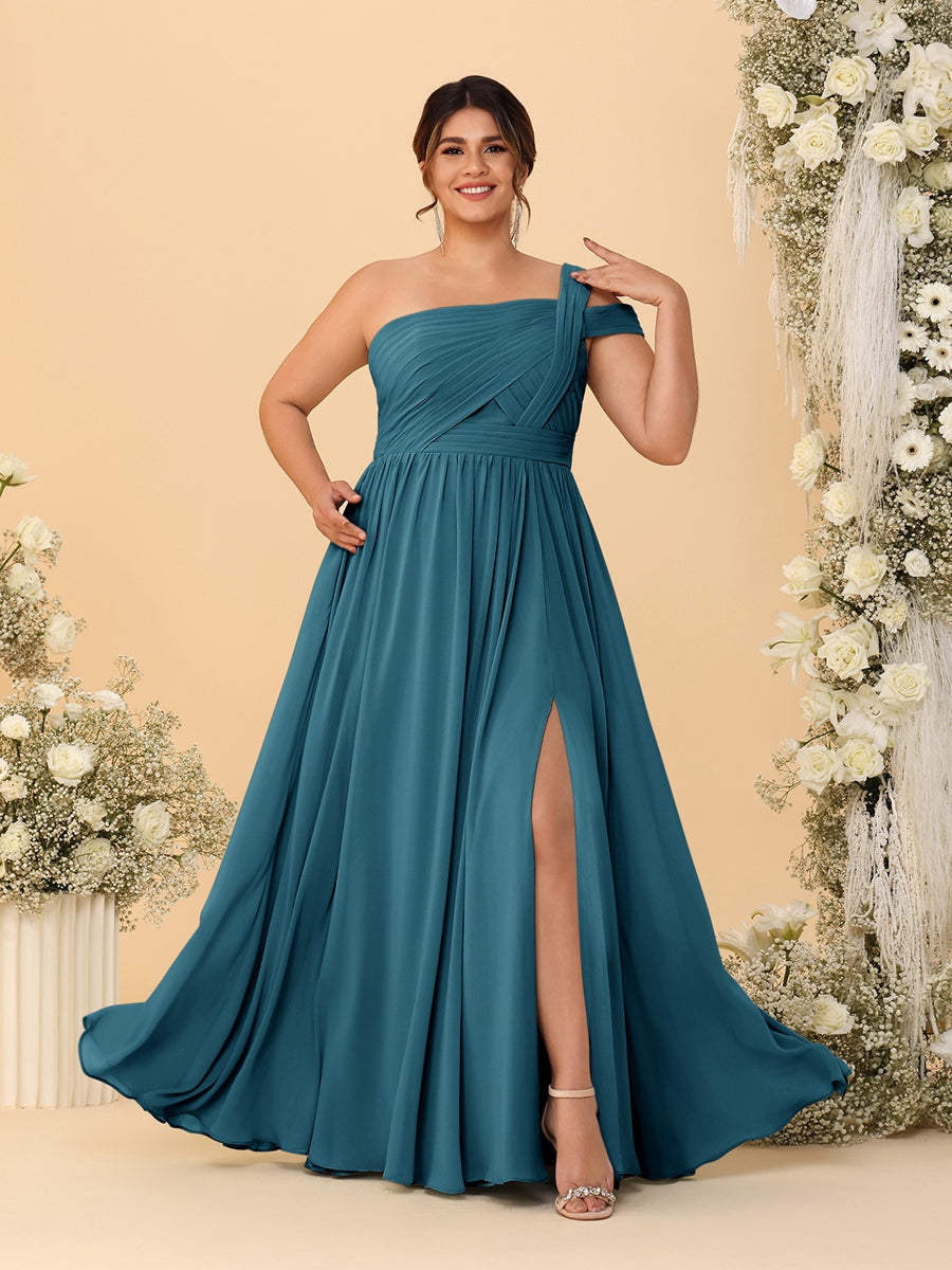 A-Line/Princess One-Shoulder Sleeveless Floor-Length Ruched Plus Size Bridesmaid Dresses With Side Slit - 이미지 72