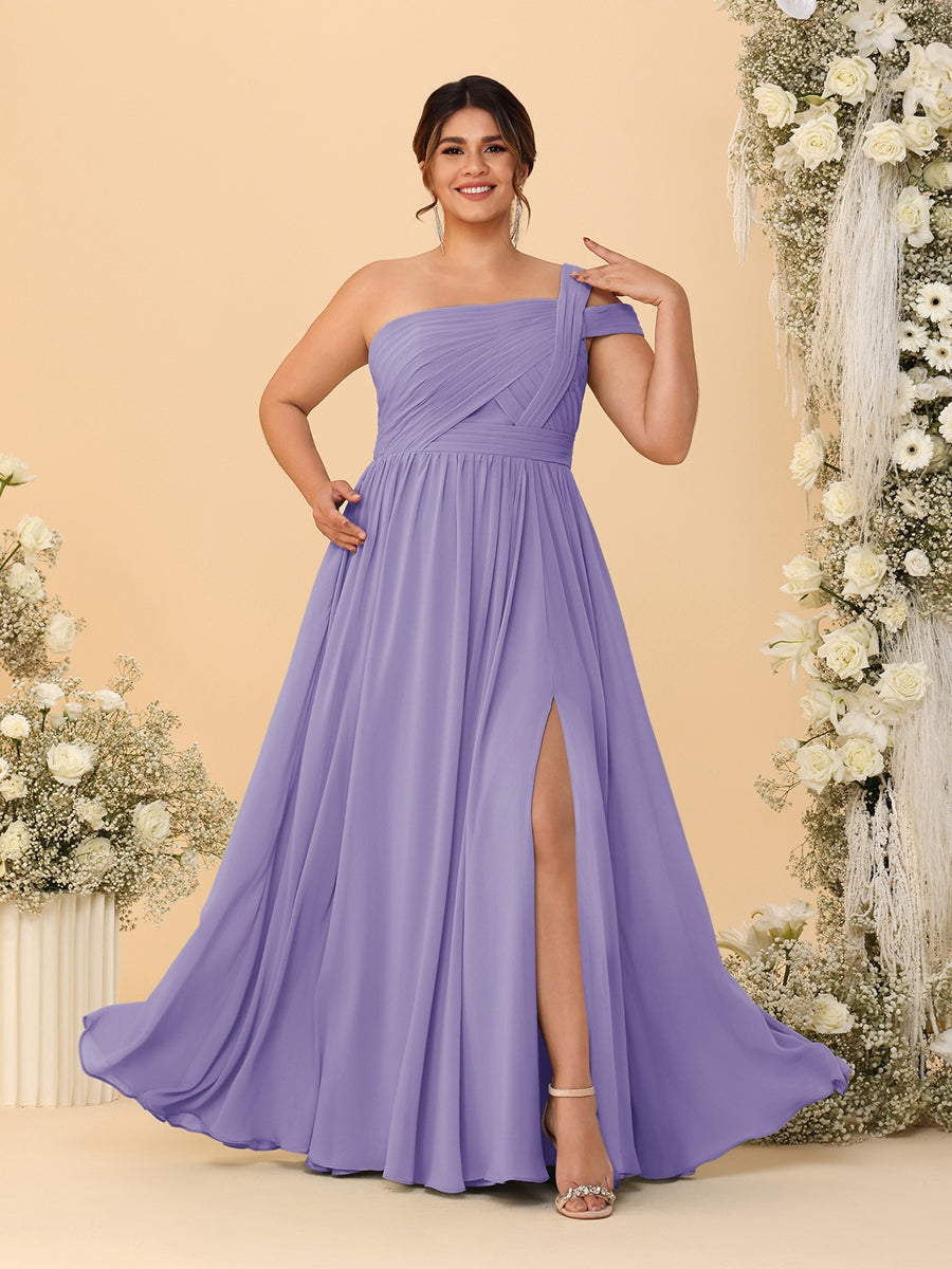 A-Line/Princess One-Shoulder Sleeveless Floor-Length Ruched Plus Size Bridesmaid Dresses With Side Slit - 이미지 33