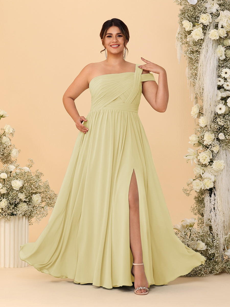 A-Line/Princess One-Shoulder Sleeveless Floor-Length Ruched Plus Size Bridesmaid Dresses With Side Slit - 이미지 34